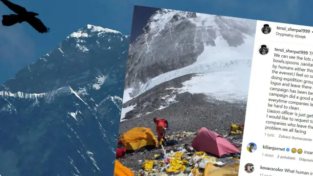 Widok na ośnieżone szczyty, w tym Mount Everest, który znajduje się w Nepalu. Obok obóz z namiotami i śmieciami.