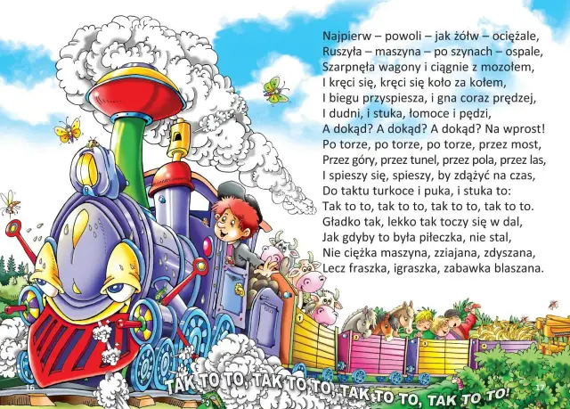 Wesoła lokomotywa z wesołym maszynistą i zwierzątkami w wagonach, ilustracja do wierszy Juliana Tuwima.