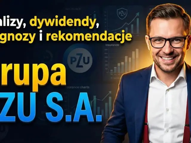 Analiza grupy PZU S.A. - prognozy i rekomendacje dotyczące dywidendy 2025. Uśmiechnięty mężczyzna w garniturze na tle wykresów.