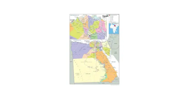 Mapa polityczna Egiptu. Zobacz, z kim graniczy Egipt: Izrael, Sudan, Libia, a także Morze Śródziemne i Morze Czerwone.