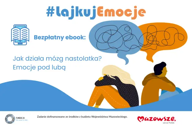 Ebook o tym, jak działa mózg nastolatka i emocje. Ilustracja przedstawia dwoje nastolatków i dymki dialogowe.