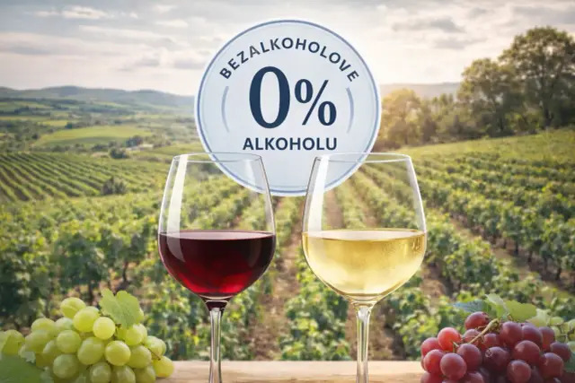 Dwa kieliszki wina, czerwonego i białego, na tle winnicy. Okrągły napis "BEZALKOHOLOWE 0% ALKOHOLU" sugeruje, czy wino bezalkoholowe jest zdrowe i jak powstaje proces dealkoholizacji.