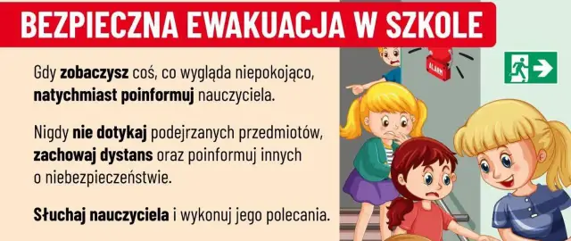 Dzieci ćwiczą **próbną ewakuację** w szkole. Alarm, znak wyjścia i wskazówki dla uczniów.