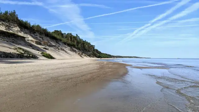 Plaża z wydmami porośniętymi sosnami, w oddali morze i błękitne niebo z chmurami. Miejsce idealne na spacer, jak w orzechowo.