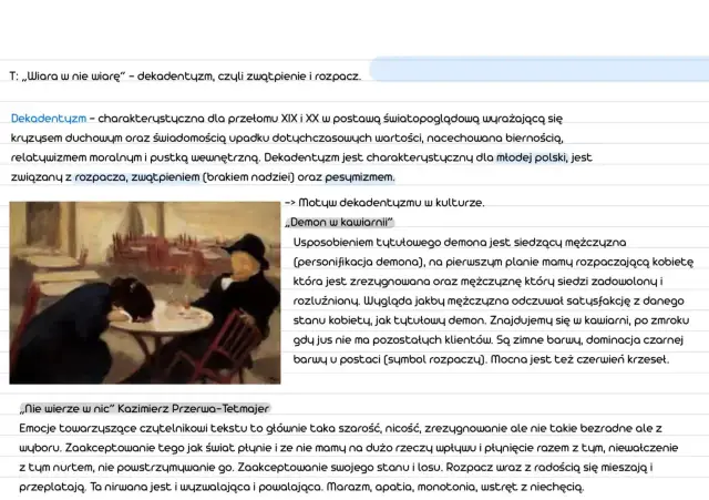 Obraz przedstawia scenę w kawiarni, gdzie mężczyzna w kapeluszu siedzi zadowolony, podczas gdy kobieta pochyla się nad stołem w geście rozpaczy. To uosobienie dekadentyzmu.