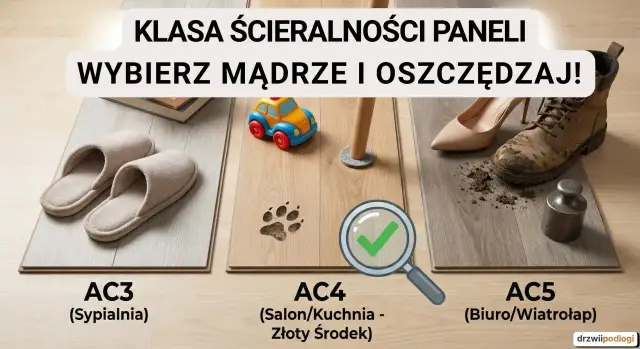 Panele o różnej klasie ścieralności: AC3 (kapcie), AC4 (ślad łapy), AC5 (brudne buty). Wybierz mądrze klasę ścieralności paneli!