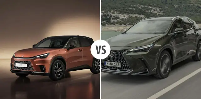 Porównanie dwóch SUV-ów Lexus: kompaktowego LBX i większego, z napędem hybrydowym, Lexus UX 300h, na tle krajobrazu.