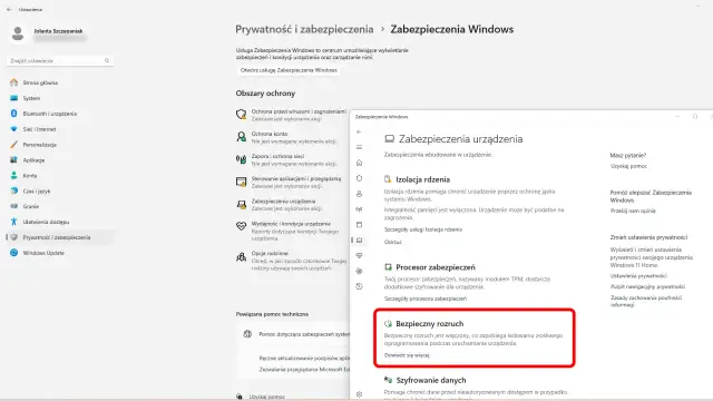 Bezpieczny rozruch włączony, chroni przed złośliwym oprogramowaniem podczas uruchamiania urządzenia. Zabezpieczenia Windows dbają o bezpieczeństwo.