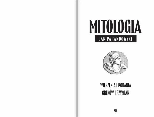 Okładka "Mitologia" Jana Parandowskiego, część 1: Grecja. Wizerunek uskrzydlonej głowy w medalionie.