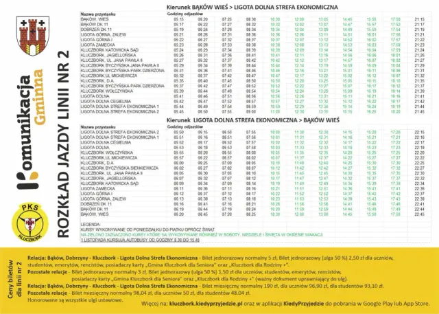 Rozkład jazdy PKS Kluczbork, linia nr 2, z trasą do Ligoty Dolnej Strefa Ekonomiczna.