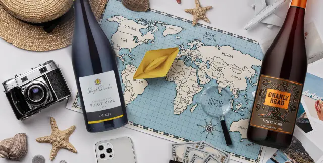 Dwie butelki Pinot Noir, europejskie i z Nowego Świata, na mapie świata. Odkryj różnicę między winem z nowego świata a winem europejskim.
