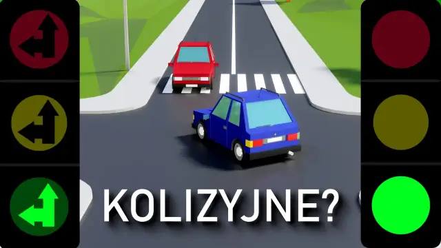 Dwa samochody na skrzyżowaniu, sygnalizacja świetlna z zieloną strzałką w lewo. Czy to światła bezkolizyjne?
