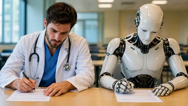Lekarz i robot piszą przy biurku. Współpraca w dziedzinie językoznawstwa przyszłości.