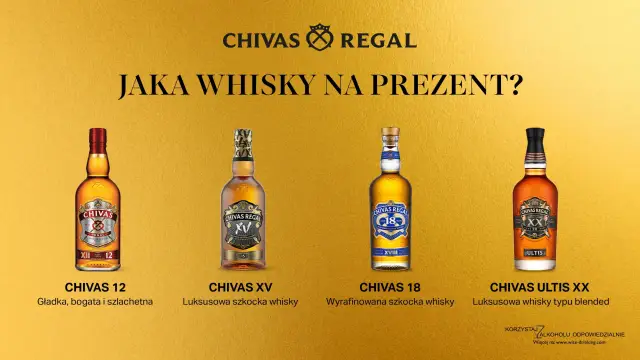 Cztery butelki Chivas Regal: 12, XV, 18 i Ultis XX. Idealne propozycje na dobre whisky na prezent.