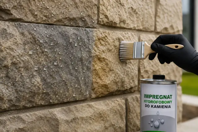 Rękawiczka i pędzel nanoszą impregnat hydrofobowy na kamienną ścianę, tworząc efekt perlenia wody.
