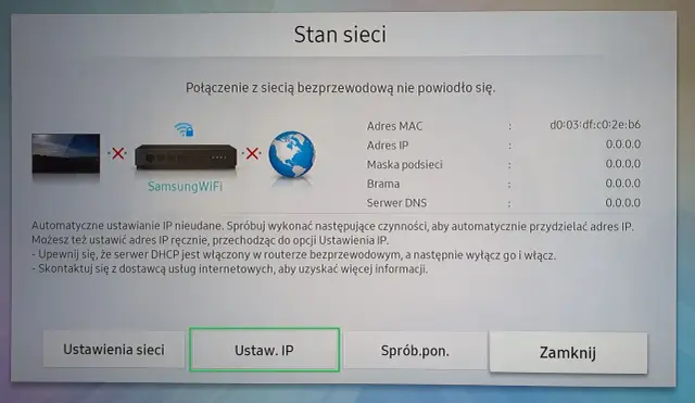Ekran telewizora Samsung z komunikatem o błędzie połączenia sieciowego. Podpowiada, jak połączyć telewizor Samsung z internetem, sugerując ręczne ustawienie IP.