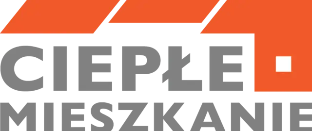 Szare litery "CIEPŁE MIESZKANIE" na czarnym tle, z pomarańczowym elementem graficznym.