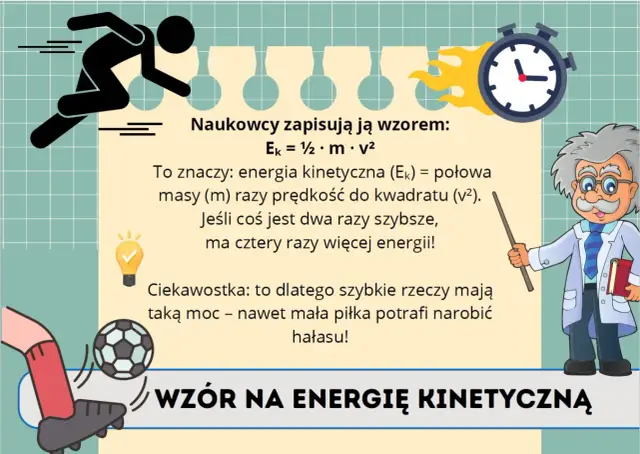 Biegacz, naukowiec i piłkarz ilustrują wzór na energię kinetyczną. Szybkość nadaje przedmiotom moc!
