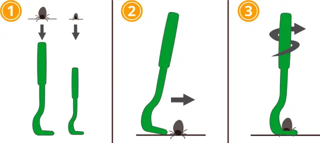 Instrukcja użycia kleszczołapki: 1. Nasuń narzędzie na kleszcza. 2. Przesuń kleszczołapkę do przodu. 3. Obróć, by usunąć kleszcza.