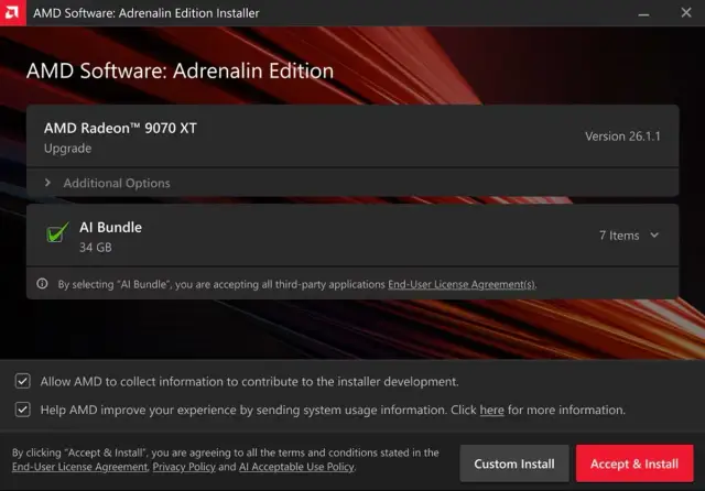 Instalator AMD Software: Adrenalin Edition dla karty AMD Radeon™ 9070 XT, z opcją AI Bundle.