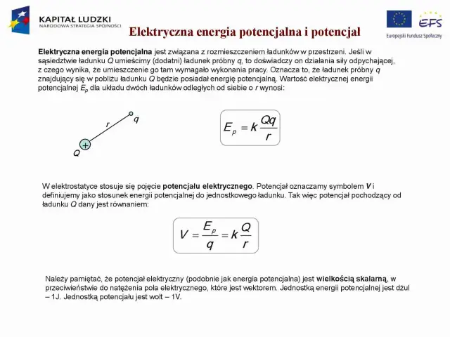Wzór na energię potencjalną dwóch ładunków: Ep = kQq/r. Obrazek pokazuje układ ładunków Q i q.