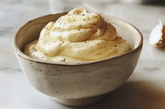 Kremowe aioli, doprawione pieprzem, w ceramicznej miseczce. Obok widać główkę czosnku.