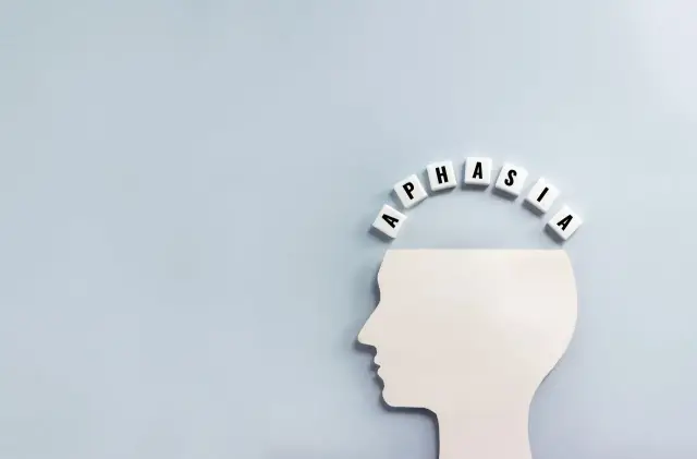 Biały profil głowy z literami tworzącymi łuk nad nim. Litery układają się w napis "Aphasia", symbolizując trudności w komunikacji, jak w przypadku afazji ruchowej.