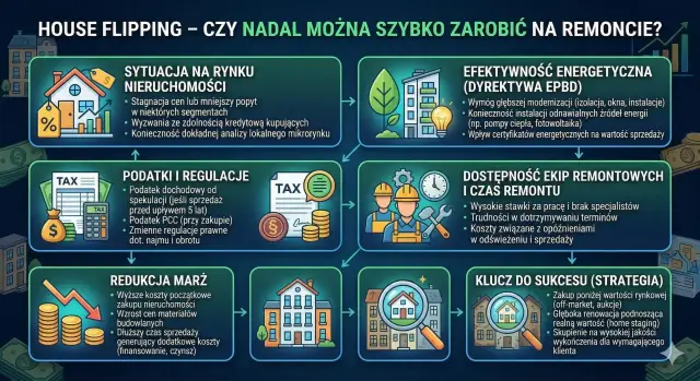 Analiza rynku nieruchomości: czy house flipping nadal się opłaca? Schemat przedstawia kluczowe czynniki: sytuację na rynku, podatki, efektywność energetyczną, dostępność ekip remontowych, redukcję marż i strategię sukcesu.