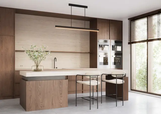 Nowoczesna kuchnia z wyspą. Jak zaplanować oświetlenie nad wyspą kuchenną inspiracje i wysokość? Elegancka lampa zwisa nad blatem.