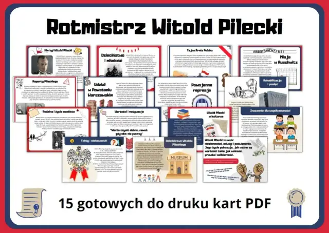 Plakat o rotmistrzu Witoldzie Pileckim: jego życie, działalność w Tajnej Armii Polskiej, Auschwitz, Powstaniu Warszawskim i dziedzictwo.