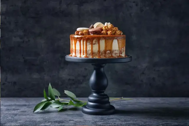 Wyjątkowy tort karmelowy z makaronikami i popcornem. Zastanawiasz się, ile kosztuje mały tort w cukierni? Ten wygląda na wart swojej ceny!