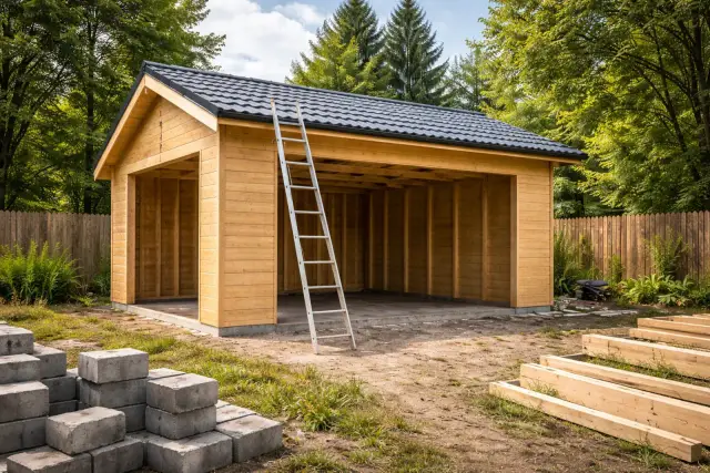 Drewniany garaż bez pozwolenia w budowie, z drabiną opartą o ścianę. Wokół materiały budowlane: betonowe pustaki i drewniane belki.