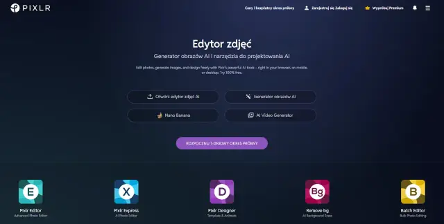 Pixlr oferuje darmową sztuczną inteligencję do edycji zdjęć i tworzenia grafik. Wypróbuj generator obrazów AI i inne narzędzia.