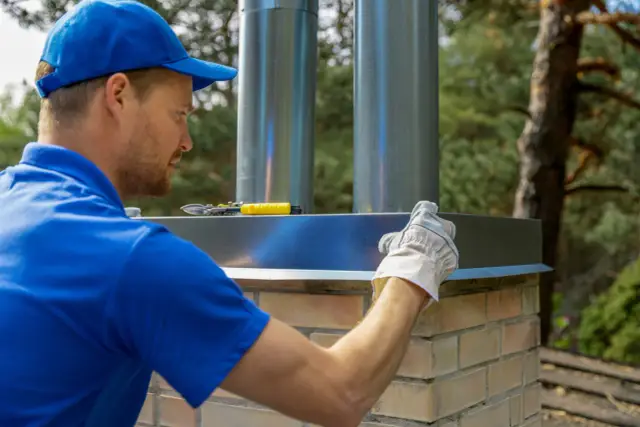 Fachowiec montuje metalowe elementy na ceglanym kominie. Dowiedz się, ile kosztuje murowanie komina i jakie są koszty montażu.