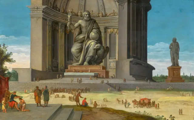 Wielki posąg Ateny Partenos w świątyni, otoczony tłumem ludzi i architekturą.