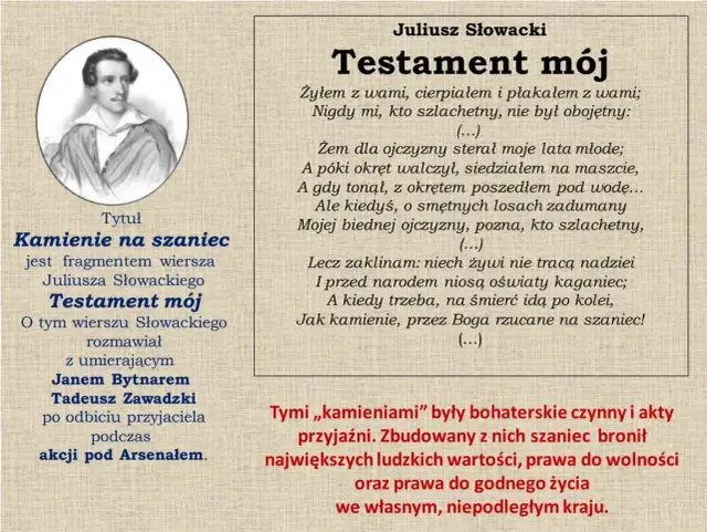 Portret Juliusza Słowackiego obok fragmentu "Testamentu mojego", który stanowi streszczenie "Kamieni na szaniec".