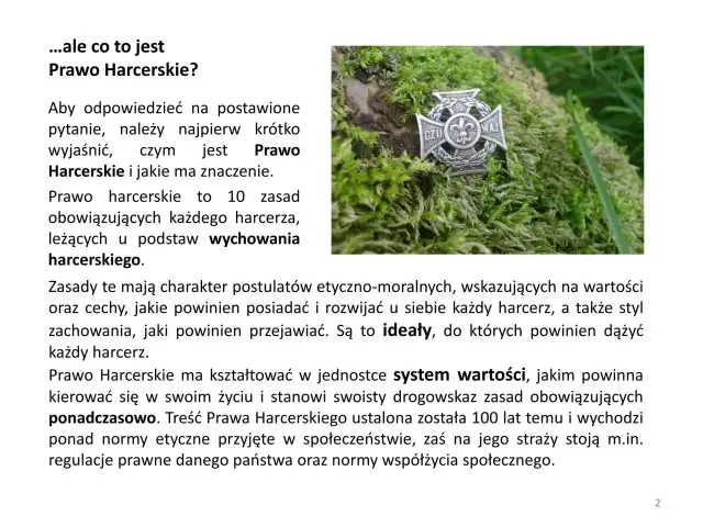 Harcerz kieruje się Prawem Harcerskim, które kształtuje system wartości. Odznaka harcerska na mchu.