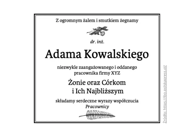 Nekrolog dr. inż. Adama Kowalskiego, pracownika firmy XYZ. Wyrazy współczucia dla rodziny. Jak znaleźć nekrolog zmarłego?