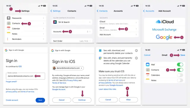 Kroki do dodania kontaktów Google na iPhone: Ustawienia > Kontakty > Konta > Dodaj konto > Google.
