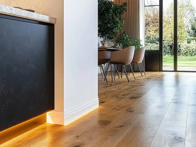 Nowoczesne wnętrze z drewnianą podłogą i subtelnym oświetleniem LED. Eleganckie rozwiązanie co zamiast listew przypodłogowych.