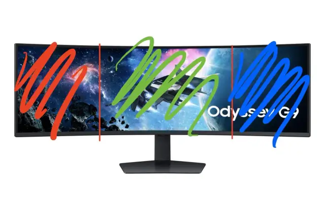 Jak podzielić ekrany na dwa monitory? Wyobraź sobie, że ten zakrzywiony monitor Samsung Odyssey G9 jest podzielony na trzy strefy, jak pokazują kolorowe linie.