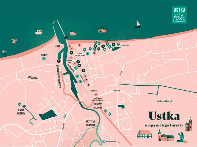 Ustka mapa atrakcji dla małego turysty. Zobacz port, plażę, bunkry i inne ciekawe miejsca.