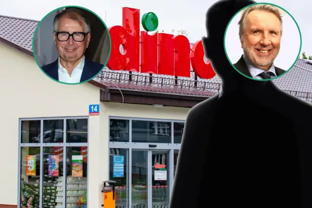 Dwaj panowie, potencjalni właściciele sieci Dino, na tle sklepu.