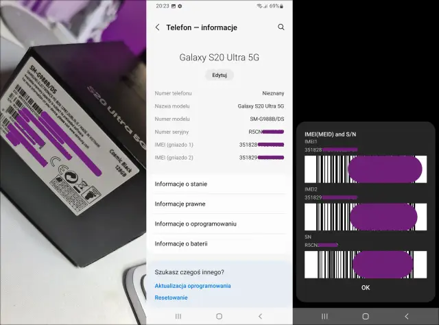 Sprawdzanie IMEI iPhone na pudełku i w ustawieniach telefonu. Widoczne numery IMEI i SN.