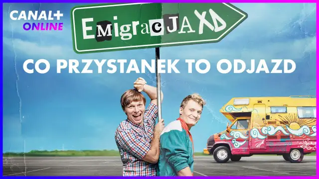 Dwóch mężczyzn i kolorowa kamperka pod znakiem "Emigracja". Serial zapowiada podróż życia.