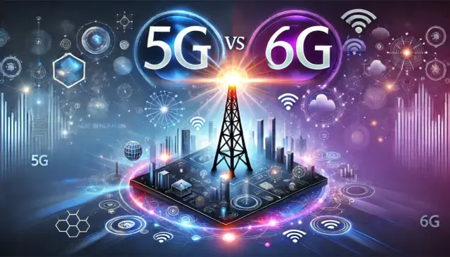 Porównanie 5G i 6G: futurystyczna wizja sieci nowej generacji z wieżą telekomunikacyjną i symbolami technologii.