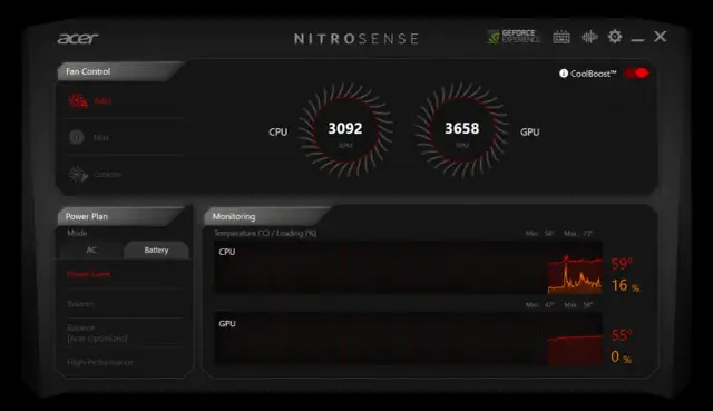 Monitorowanie temperatury procesora i GPU w aplikacji NitroSense. Widoczne obroty wentylatorów CPU i GPU, wykresy obciążenia i temperatury.