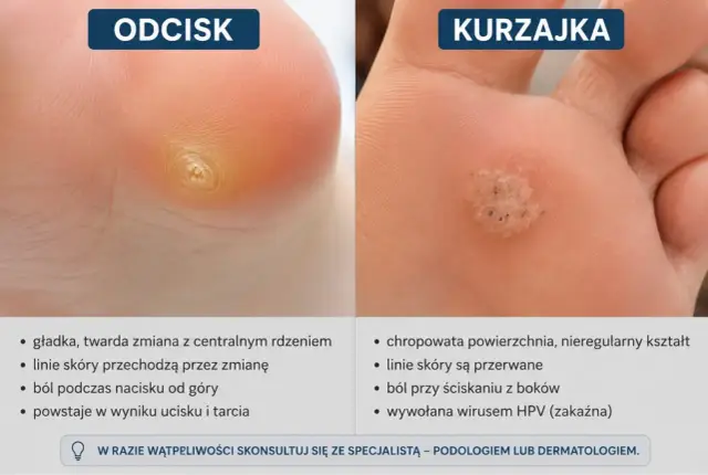 Porównanie kurzajki i odcisku na stopie. Kurzajka jest chropowata i wywołana wirusem, a odcisk gładki i powstaje od ucisku.