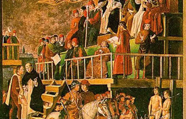 Scena z procesem, gdzie widać ludzi w strojach z epoki, sugerująca proces inkwizycji.