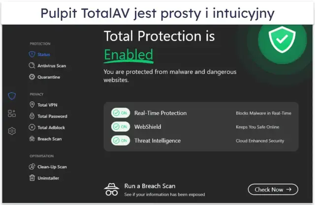 Interfejs TotalAV z włączoną ochroną: Real-Time Protection, WebShield i Threat Intelligence. Zapewnia bezpieczeństwo przed złośliwym oprogramowaniem.